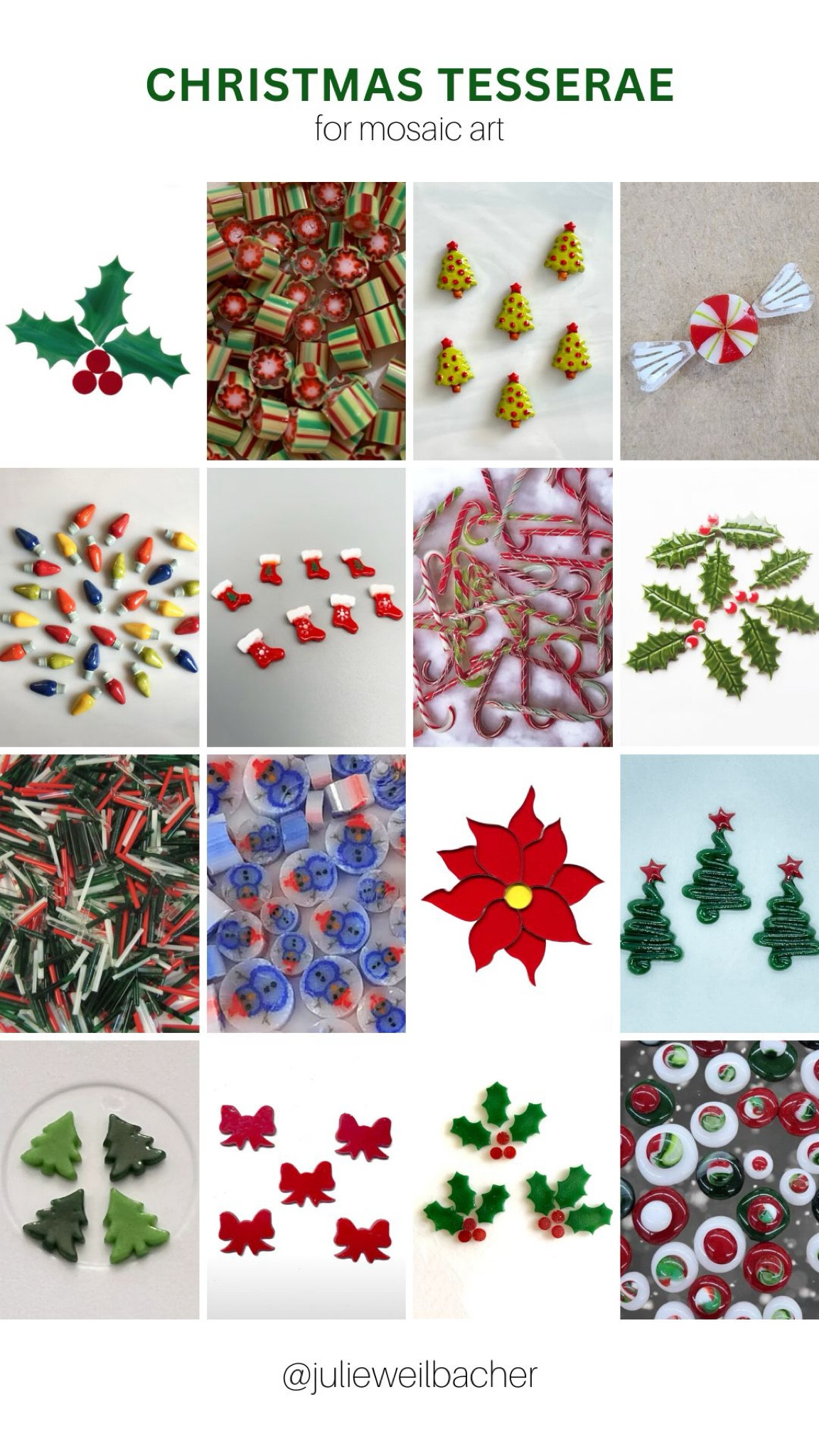 Sharing festive Christmas tesserae to use in mosaic art. 🎄 This collection of fun finds includes pre-cut stained glass shapes, murrini, handmade ceramics, and fused glass. 🎄 For mosaic tips, tutorials, inspiration, and so much more please visit my YouTube channel: YouTube.com/julieweilbacher. Follow @julieweilbacher on Instagram for all things mosaic art. mosaic - Christmas crafts - diy Christmas art - mosaic art - glass Holly leaves - glass Christmas candy - red bow - glass Christmas tree - ceramic Christmas tree

#LTKFindsUnder50 #LTKHoliday #LTKHome
