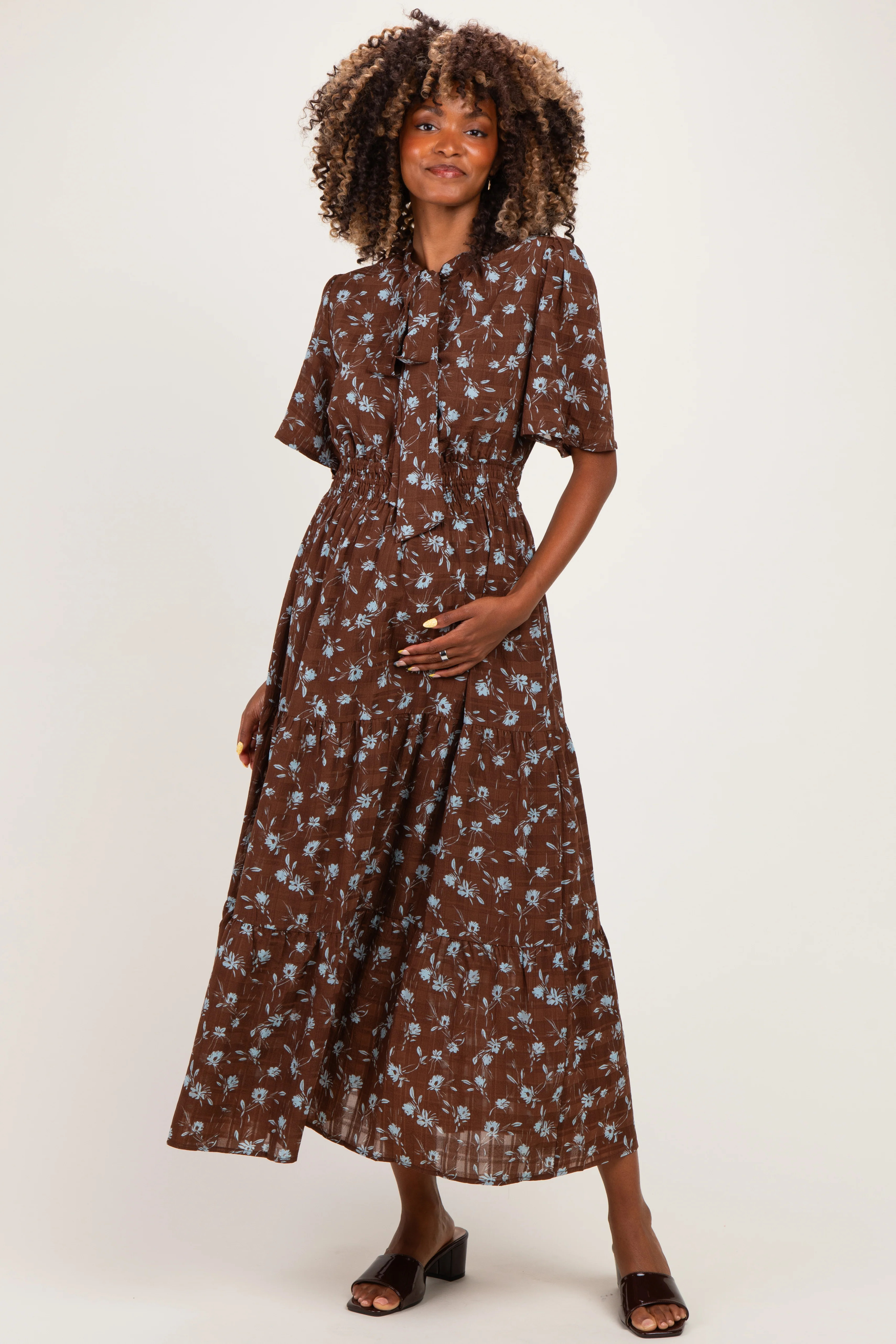 Brown Floral Neck Tie Tiered Maternity Midi Dress - Medium | PinkBlush Maternity