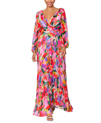 Women's Printed V-Neck Long-Sleeve Dress | Macy's