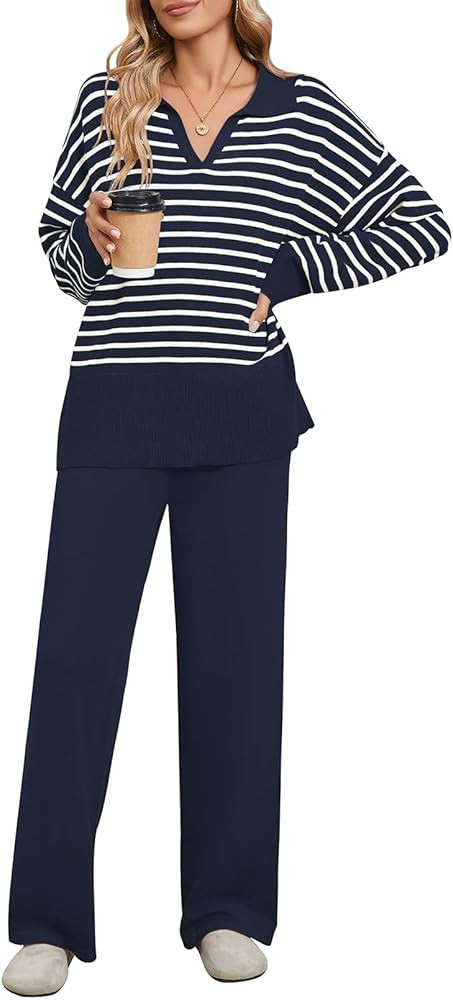 Pink Queen 2024 Fall Sweater Sets for Women 2 Piece Long Sleeve Collar V Neck Sweatsuit Knitted S... | Amazon (US)