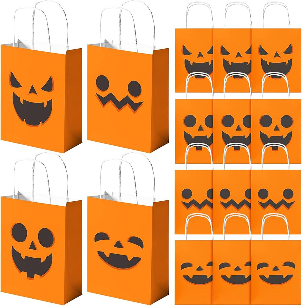 NiHome 16-Pack Halloween Pumpkin Kraft Paper Treat Bags with Handles - Assorted Jack-o'-lantern D... | Amazon (US)