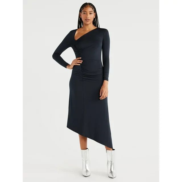 Scoop Women's Asymmetrical Midi Dress with Long Sleeves, Sizes XS-XXL - Walmart.com | Walmart (US)