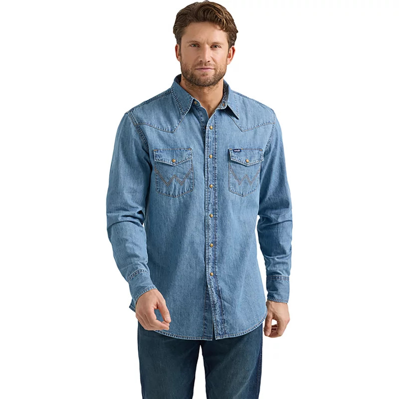 Wrangler Men's Long Sleeve Classic Fit Denim Western Snap Shirt | Academy Sports + Outdoors