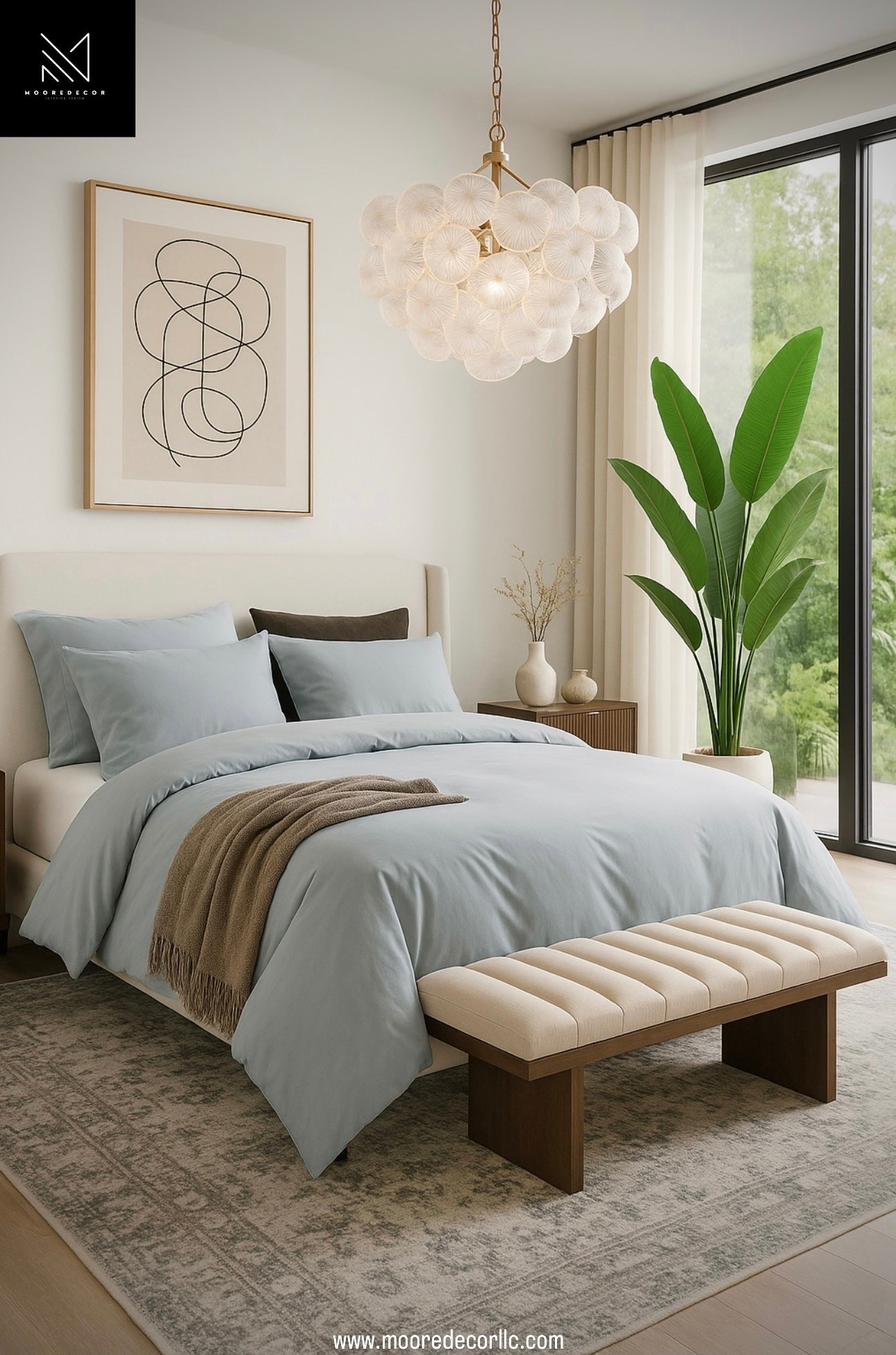 Modern tranquility in every detail 🤍
Shop the look: soft blue bedding, boucle bench, warm wood tones, and that cloud like chandelier that steals the show.

#LTKStyleTip #LTKHome