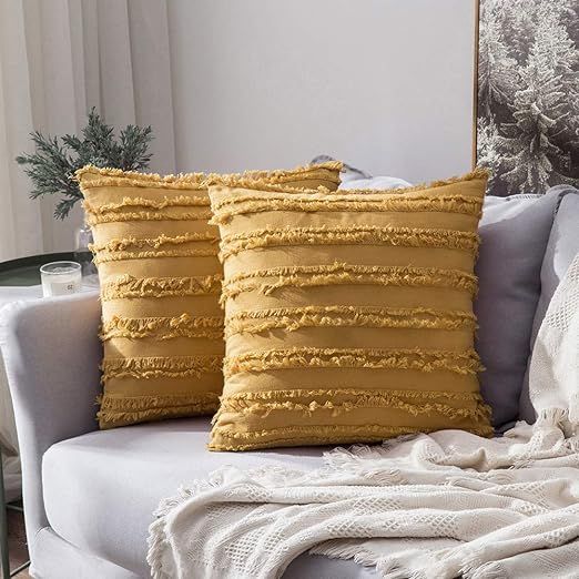 MIULEE Set of 2 Mustard Yellow Throw Pillow Covers Decorative Boho Linen Striped Jacquard Pattern... | Amazon (US)