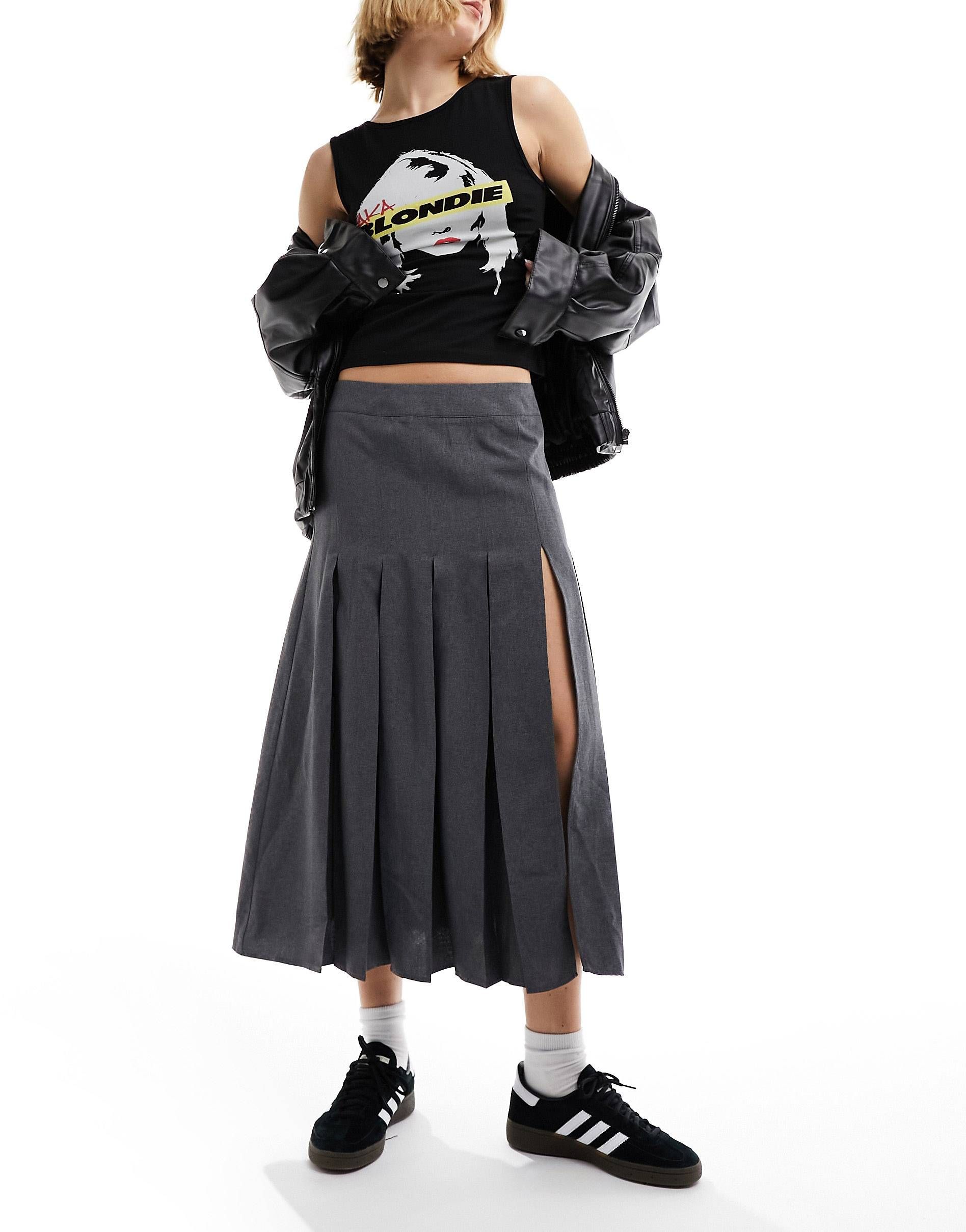 ASOS DESIGN  box pleated midi skirt with high split in grey | ASOS (Global)