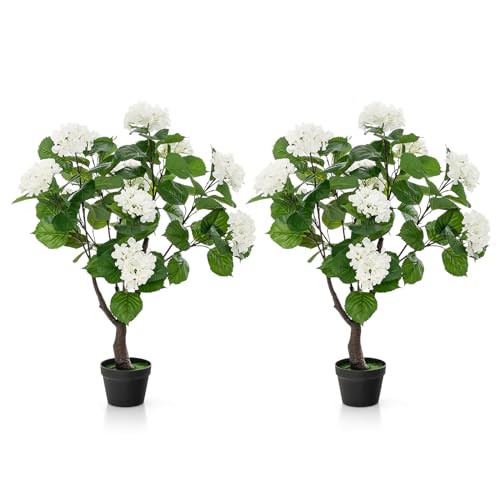 Goplus Artificial Hydrangea Tree, 2 Pack Fake Floral Plant w/11 White Flowers & Realistic Trunk in Plastic Nursery Pot, Indoor Silk Flower Tree for Home Office Living Room Housewarming Gift | Amazon (US)