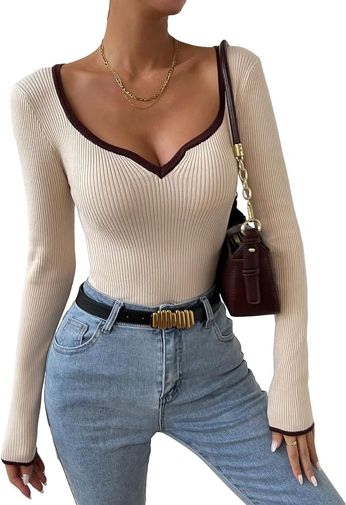 Verdusa Women's Contrast Binding Sweetheart Neck Long Sleeve Sweaters Pullover Tops | Amazon (US)