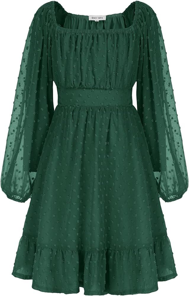 GRACE KARIN Girls Ruffle Tiered Dress Long Sleeve Swiss Dot Flowy A-Line Dress 6-12Y | Amazon (US)