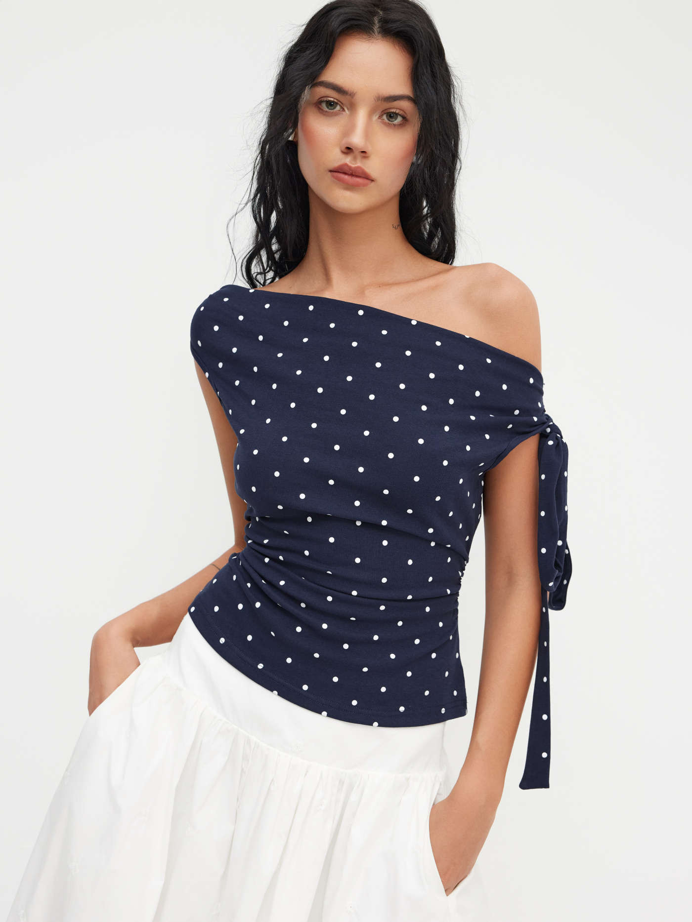 Cotton-blend Asymmetrical Neck Polka Dot Ruched Knotted Top | Cider