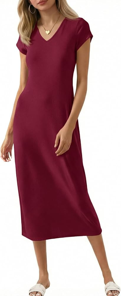 Wenrine Womens Short Sleeve T-Shirt Dress V Neck Summer Casual Midi Dresses | Amazon (US)