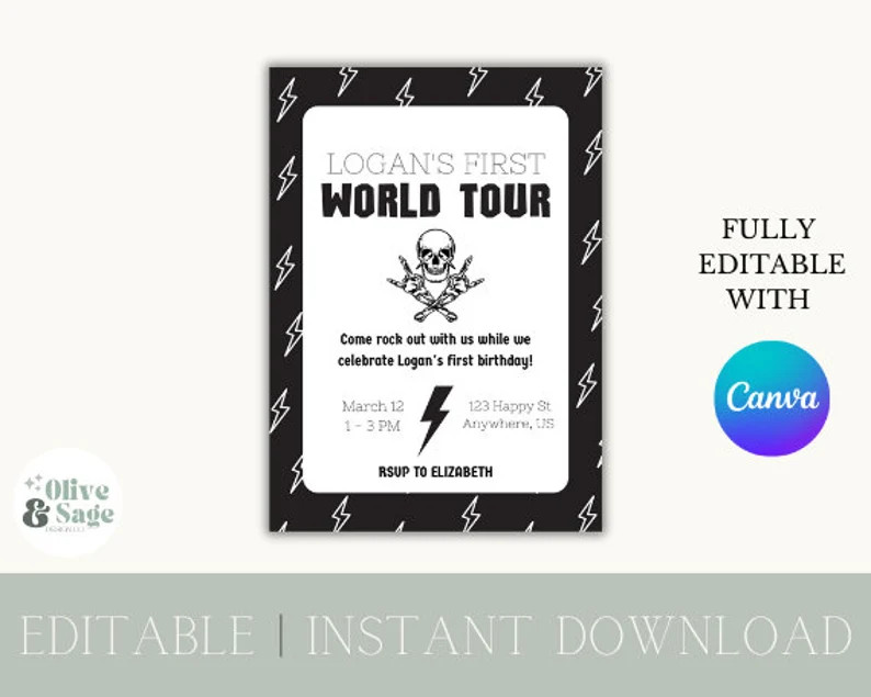 First World Tour Birthday Invitation Template Instant Download Fully Editable Canva Rock and Roll... | Etsy (US)
