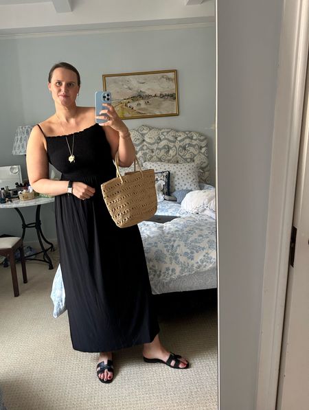I am wearing a black jersey maxi dress from Hill House paired with black Oran sandals from Hermes. The raffia bag is from a French brand, Madison NH Paris  