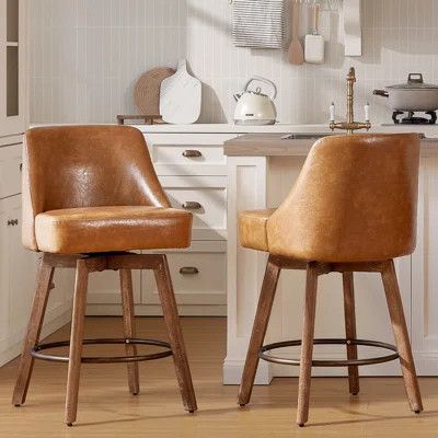 Counter Height Bar Stools,Faux Leather Comfort Fabric Bar Stool，360° Swivel Counter Height Stools Solid Wood Legs,27'' Barstools with Contoured Backre | Wayfair North America