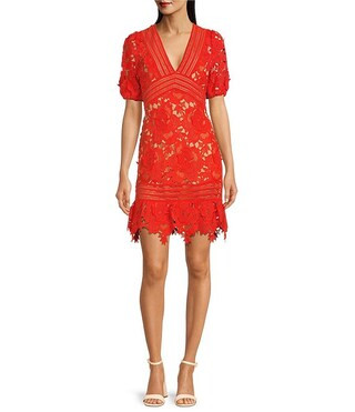 V-Neck 3D Floral Lace Short Sleeve Sheath Tonal Trim Scallop Hem Dress | Dillards