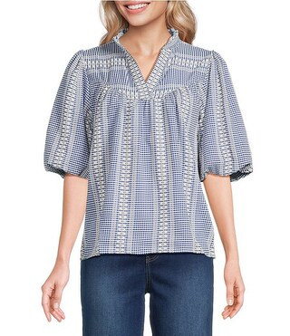 Jacquard Geometric Stripe Split V-Ruffle Neck Elbow Length Balloon Sleeve Top | Dillard's