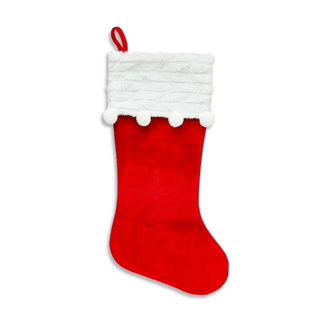Red Velvet Christmas Stocking with Pom Poms, 20", by Holiday Time | Walmart (US)
