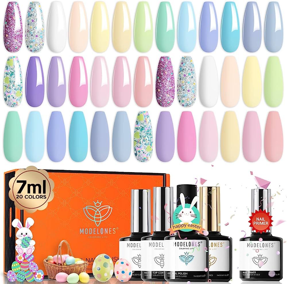 Modelones Gel Nail Polish Kit 24Pcs, Pastel Spring 20 Colors 7ML Easter Glitters Gel Polish Set w... | Amazon (US)