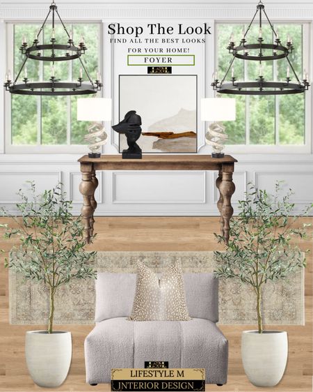 Modern Farmhouse Foyer Design Idea. Wood console table, white armless chair, white tree planter pot, faux olive tree, beige runner, black face decor, contemporary table lamp, 2 tier wheel chandelier, neutral wall art, beige throw pillow.

#LTKFind #LTKstyletip #LTKhome