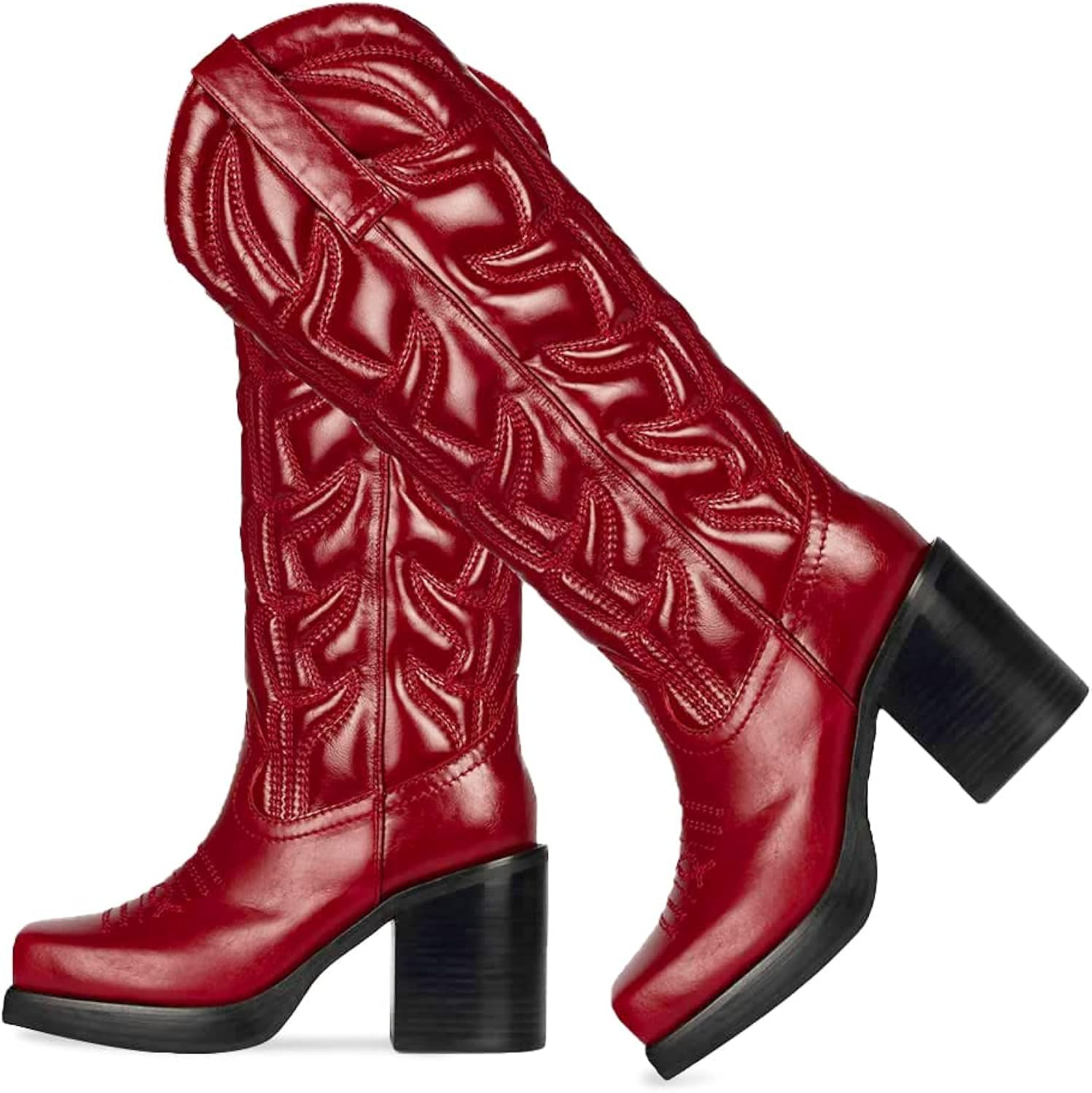 AMINUGAL Womens Embroidered Western Cowgirl Boots Chunky Heel Square Toe Pull On Fashion Knee Hig... | Amazon (US)