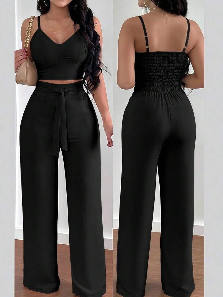 INAWLY 2pcs Women Camisole Top And Elastic Waist Pants With Bowknot, Two Pieces Set | SHEIN