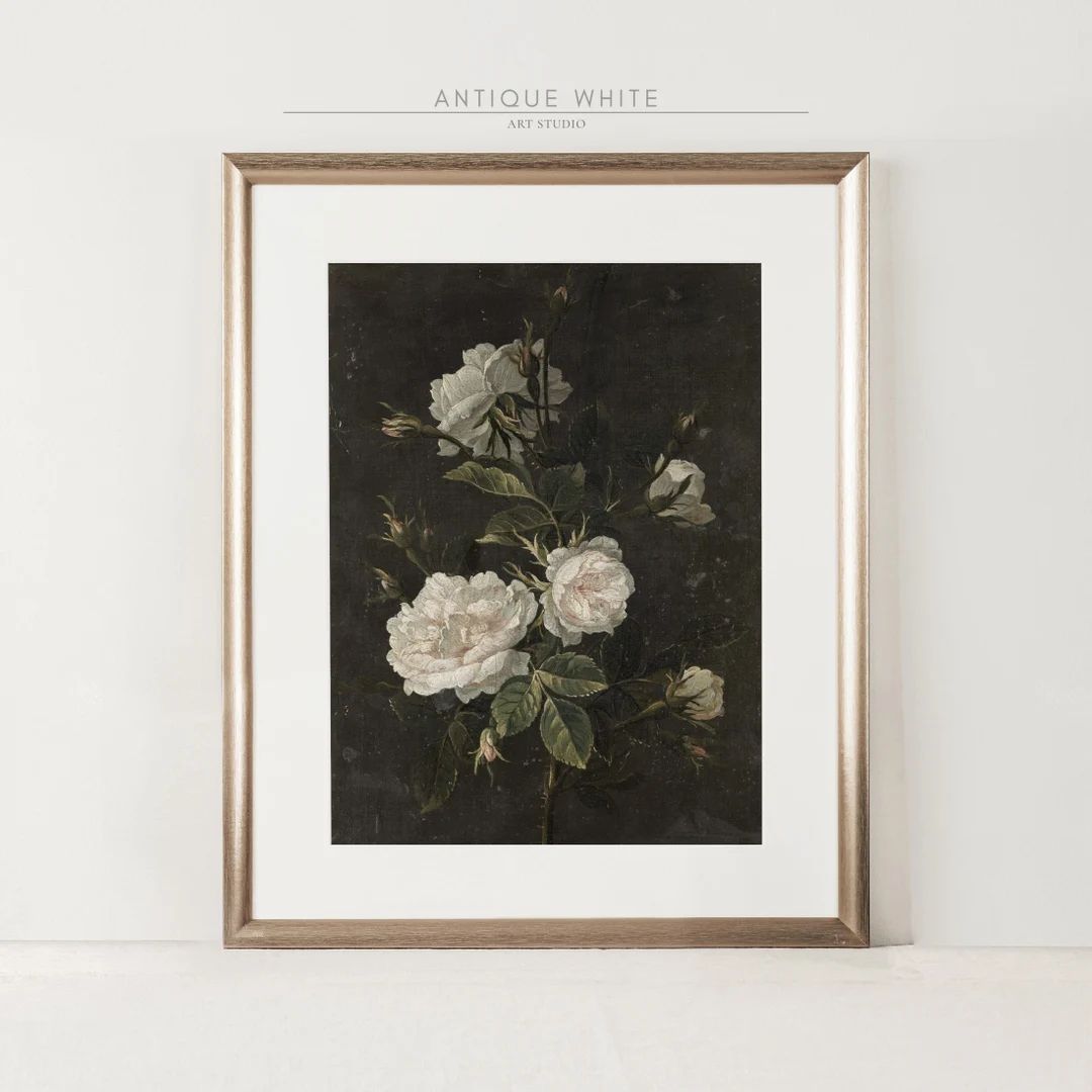 Vintage Dark Flower Print, Dark Academia Botanical Wall Art, White Roses, Moody Roses Still Life ... | Etsy (US)