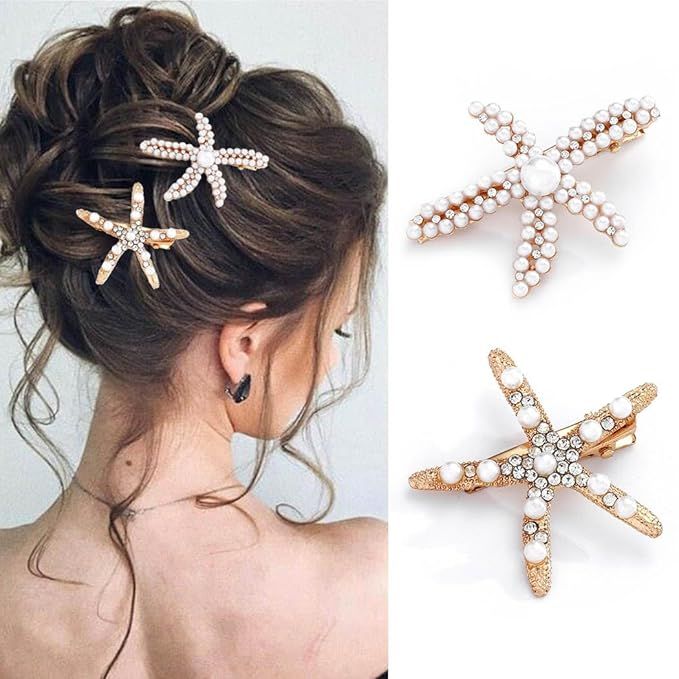 Bartosi Starfish Hair Clips Gold Pearl Hair Barrettes Crystal Hair Pin Bride Wedding Head Pieces ... | Amazon (US)