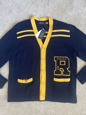 Polo Ralph Lauren Varsity Letterman Cardigan Sweater Patch Pin Navy Men’s Size L  | eBay | eBay US