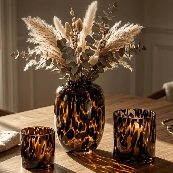 Amber Tortoise Shell Glass Centerpiece Set, Hand Blown Vase & Candle Holders, 3 Piece Warm Luxury... | Walmart (US)