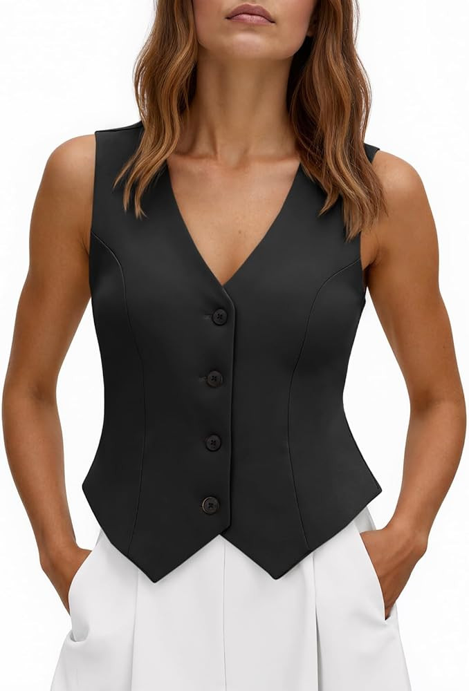 Tankaneo Womens Cropped Blazer Vest Tops Sleeveless V Neck Fitted Waistcoat Button Up Business Ca... | Amazon (US)