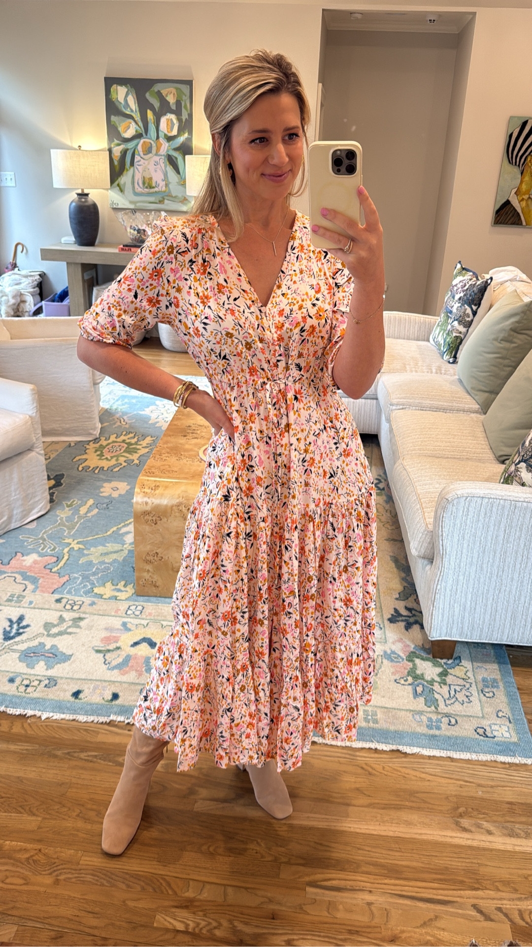 Loving this transitional summer to fall dress! I wore it on my birthday, and it was so flowy and fun🥳Wearing size small for reference. #fall #falldress #fallfashion 
