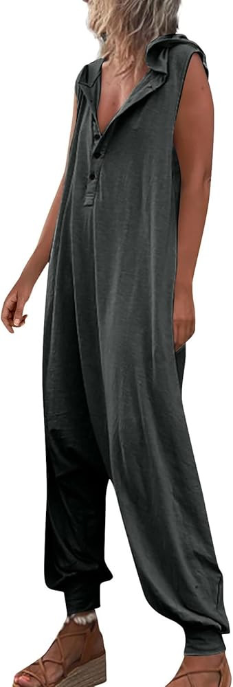 Rxozrxoz Womens Sleeveless Jumpsuit Button Hooded Jumpsuit One Piece Outfit Rompers Overalls with... | Amazon (US)