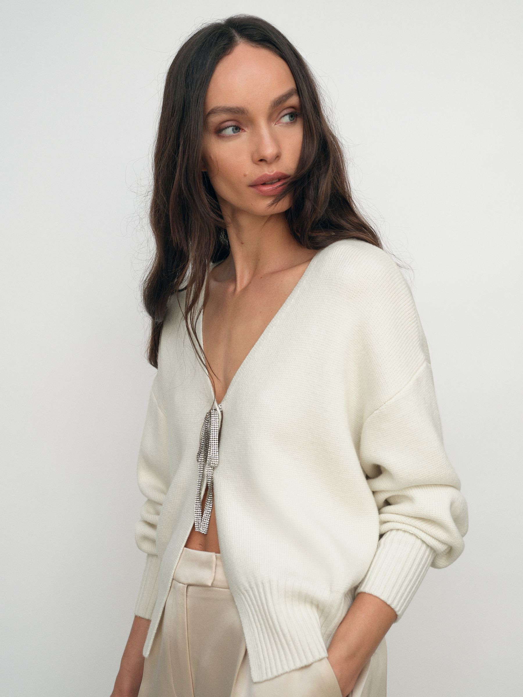 Reiss Wool-Blend Crystal-Bow Cardigan With Cashmere in Cream | REISS | Reiss US