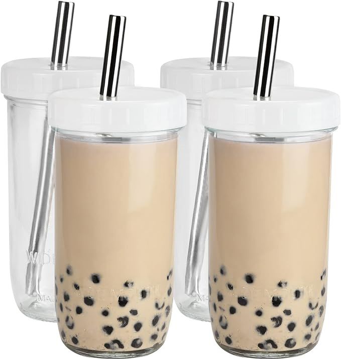 Glass Bubble Tea Cups 4 Pack 24 oz, Reusable Wide Mouth Smoothie Cups, Iced Coffee Cups With Whit... | Amazon (US)