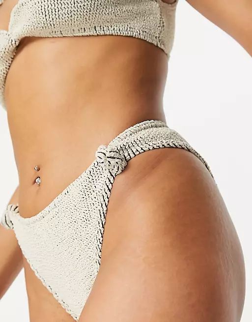 ASOS DESIGN mix and match crinkle knot detail high leg bikini bottom in natural tones | ASOS (Global)