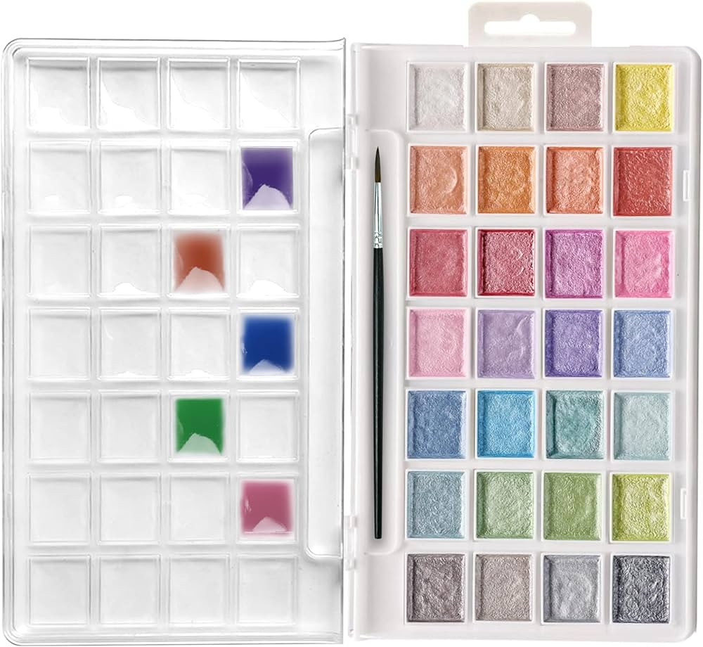 Artecho 28 Metallic Watercolor Paint Set, Glitter Colors, Semi-Moist Pearlescent Water color, Ide... | Amazon (US)