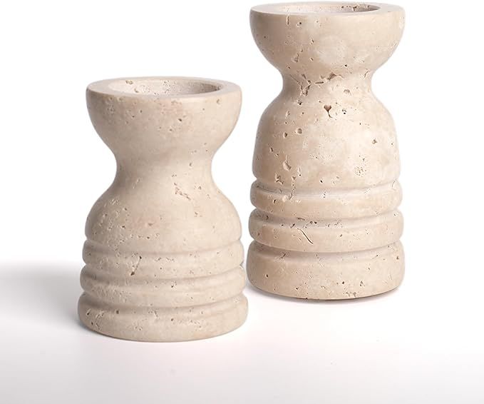 WORHE Candle Holders Italy True Natural Travertine Stone Set of 2 Premium Marble Candlestick Hold... | Amazon (US)
