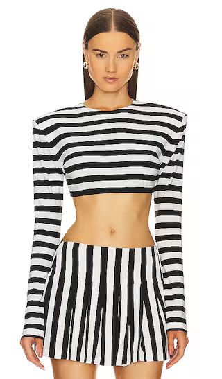Cropped Shoulder Pad Long Sleeve Crew Top in 3/4 Stripe | Revolve Clothing (Global)