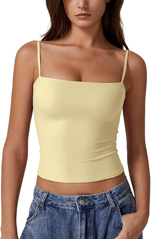 QINSEN Women's Double Lined Basic Tank Top Adjustable Spaghetti Straps Sleeveless Camisole Shirts | Amazon (US)