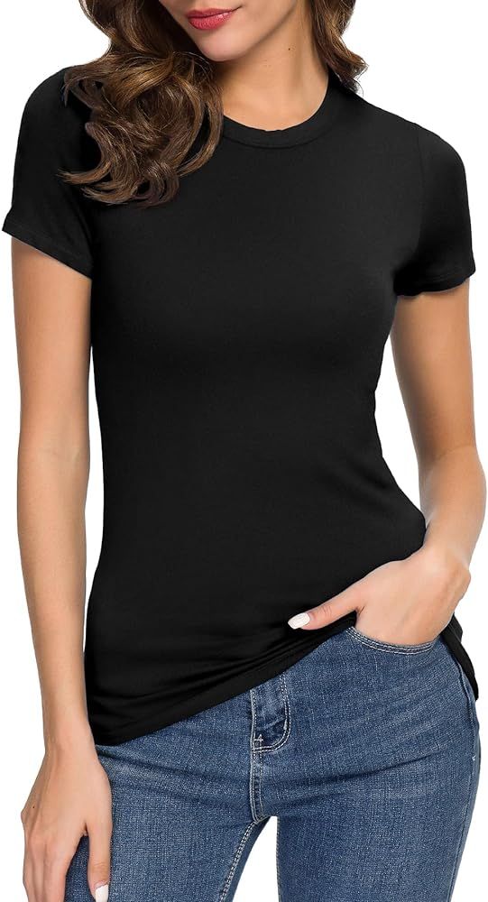 Women's Crewneck Slim Fitted Short Sleeve T-Shirt Stretchy Bodycon Basic Tee Tops | Amazon (US)
