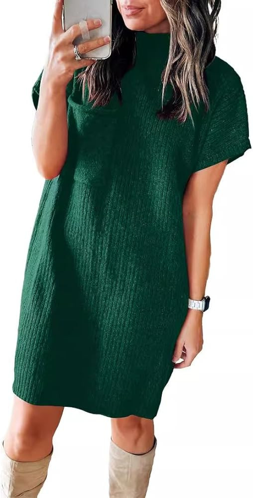 Women's Summer Ribbed Knit T-Shirt Dress Casual Loose Short Sleeve Sweater Midi Dresses with Patc... | Amazon (US)