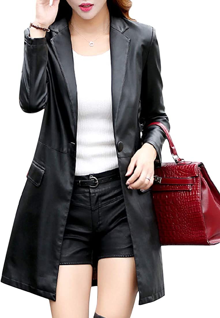 Tanming Womens PU Faux Leather Jacket Casual Lapel Long Suit Trench Coat Outerwear | Amazon (US)