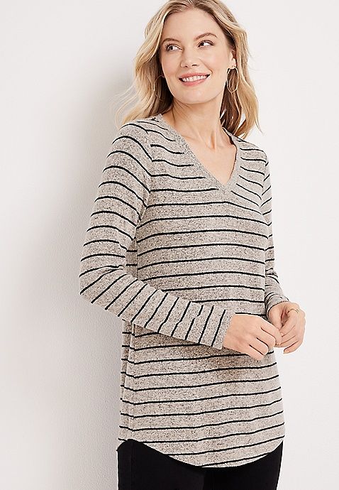 24/7 Flawless Cozy Striped V Neck Tee | Maurices
