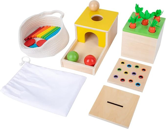 Adena Montessori 4 in 1 Wooden Play Kit for Babies 6-12 Months | Object permanence box, color dro... | Amazon (US)