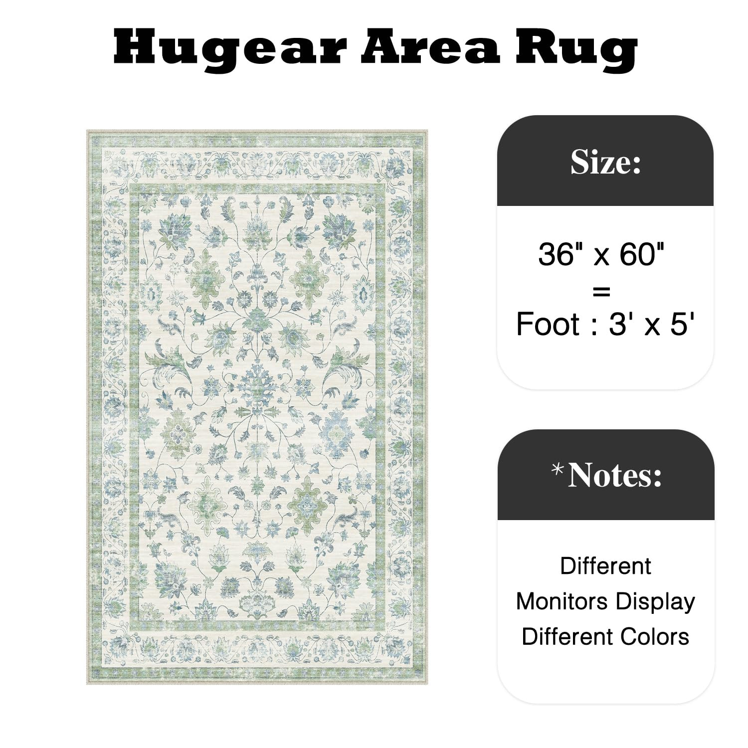 HUGEAR 3x5 Entryway Area Rug Vintage Green Small Rug Machine Washable Door Mat Retro Floral Low P... | Amazon (US)