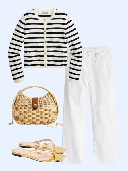 Blue and white spring and summer outfit. White wide leg jeans, striped cardigan, rattan bag

#LTKstyletip #LTKsalealert #LTKfindsunder100
