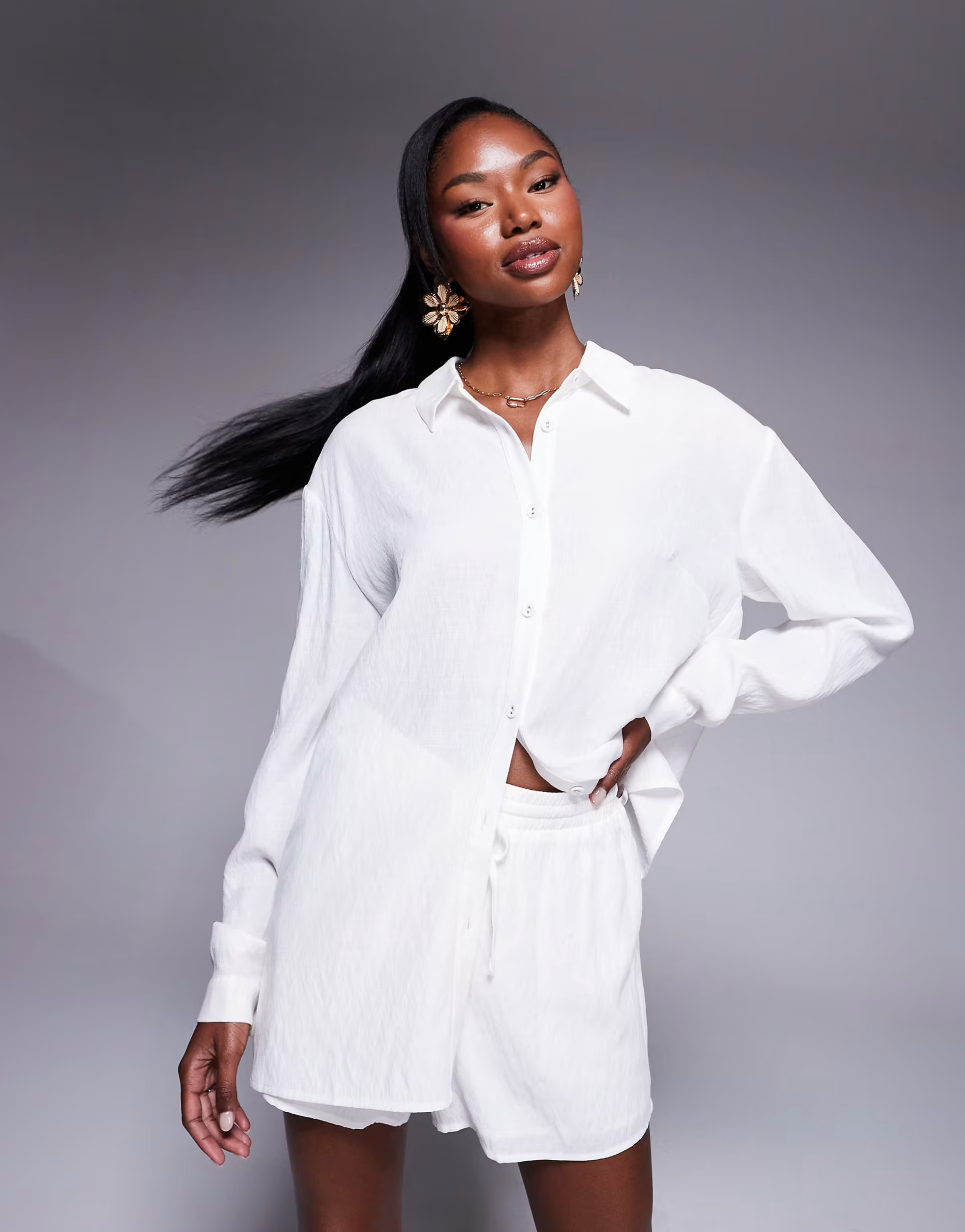 Princess Polly linen look oversized shirt and drawstring shorts full set in white | ASOS | ASOS (Global)