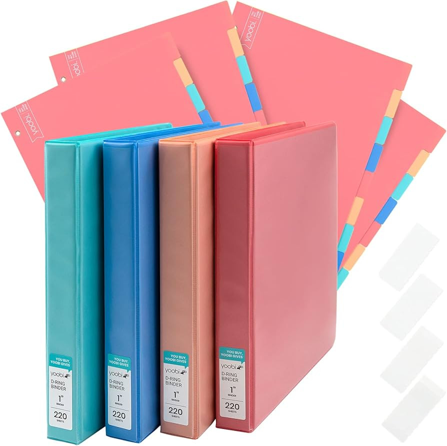 Yoobi 1 Inch Binder & 8-Tab Divider Set - 4 Pk of 3-Ring Binders with 2 Pockets, 4 Pk of Binder O... | Amazon (US)