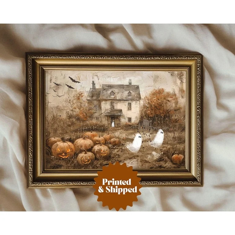 Cute Ghosts Haunted Winter Holiday Farmhouse Spooky Pumpkin Patch Painting Vintage Wall Decor | Walmart (US)