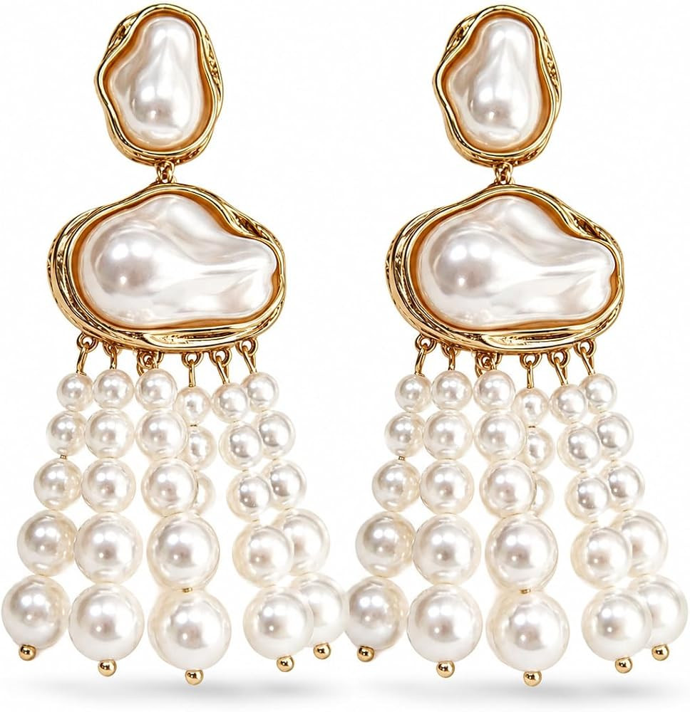 Chunky Baroque Pearl Hoop Earrings for Women, Vintage Gold Asymmetrical Hollow Circle Dangle Tass... | Amazon (US)